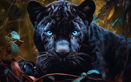 Portrait of a black panther with blue eyes, close-upの素材