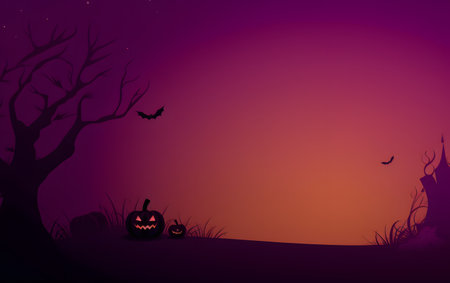 Halloween background with pumpkins and scary tree. Vector illustration.の素材
