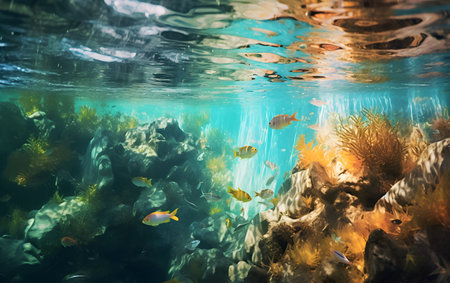 Underwater world with corals and tropical fish. 3d renderingの素材