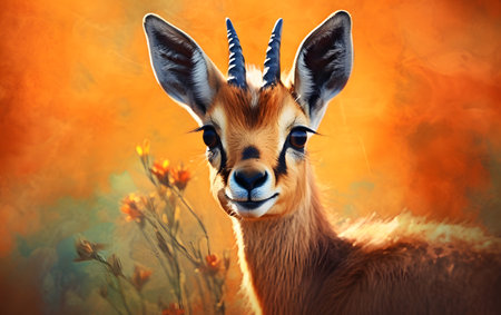 Wild impala with flowers in the background. Digital painting. Toned.の素材