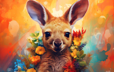 Funny kangaroo with flowers on colorful background, closeupの素材
