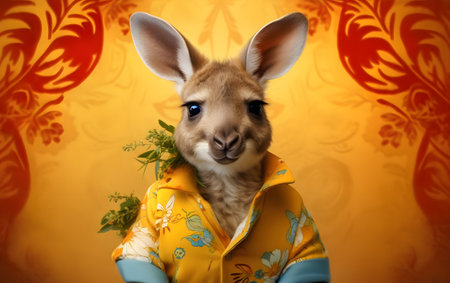 Cute little kangaroo with flowers on a yellow background.の素材