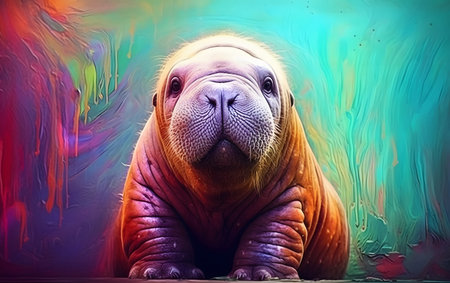 Portrait of a walrus on a multicolored background.の素材