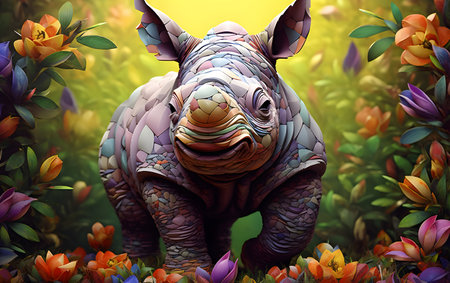 Rhinoceros in the flower garden. 3d illustration.の素材