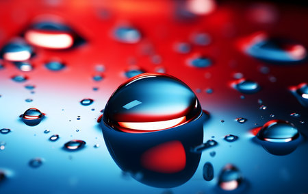 Water drops on red background. 3D illustration. Shallow DOF.の素材
