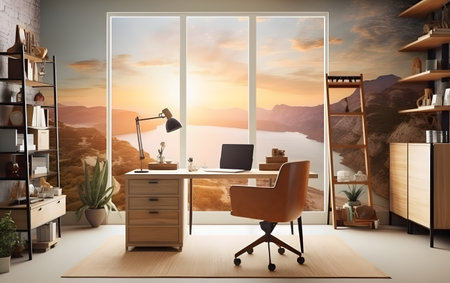 Interior of modern office with panoramic view. 3D Renderingの素材