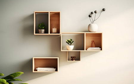 Wooden bookshelves on the wall. 3d rendering.の素材