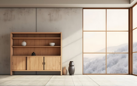 Interior of modern living room with white walls, concrete floor, wooden bookcase and window with blurry mountain view. 3d renderingの素材