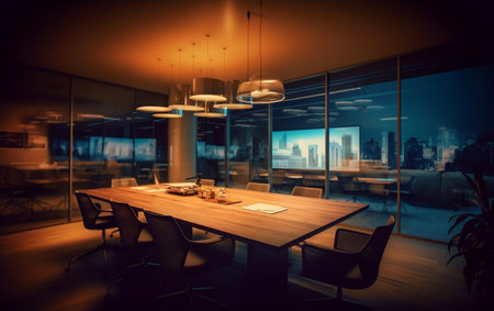Modern office interior with meeting room and city view. 3D Renderingの素材