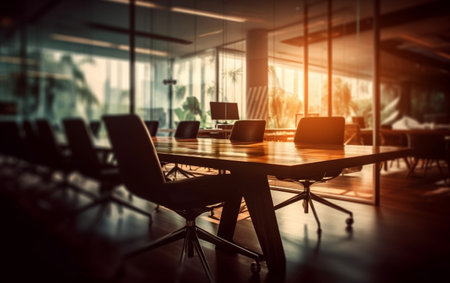 Modern meeting room interior with wooden floor and glass walls. Blurred backgroundの素材