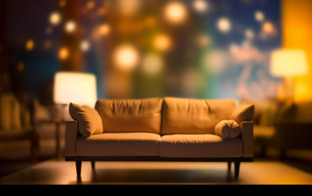 Living room with sofa and lights on background. Selective focus.の素材