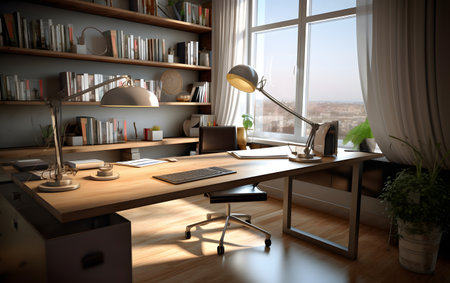 Modern office interior. Workplace and city view. 3D Renderingの素材
