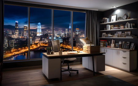 modern office interior with city view, night scene. 3d renderingの素材