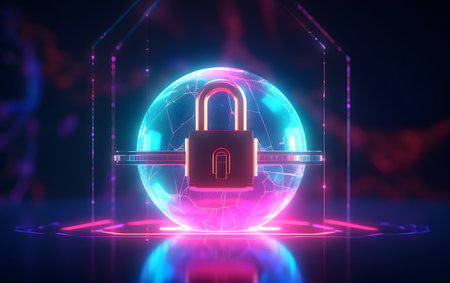 Cyber security concept. Futuristic padlock on abstract background. 3D Renderingの素材