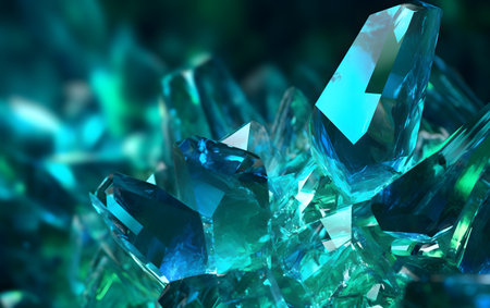 Blue crystal on green background. 3d rendering toned image.の素材