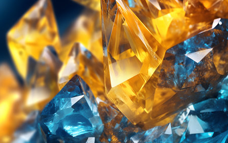 3D illustration of a closeup of a cluster of yellow and blue crystalsの素材