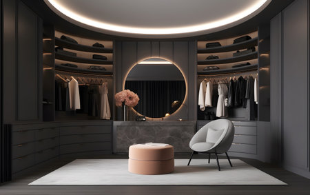 Modern black bathroom interior with round mirror and round mirror - 3D Renderingの素材