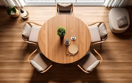 Top view of wooden dining room with round wooden table and chairs. 3d renderingの素材