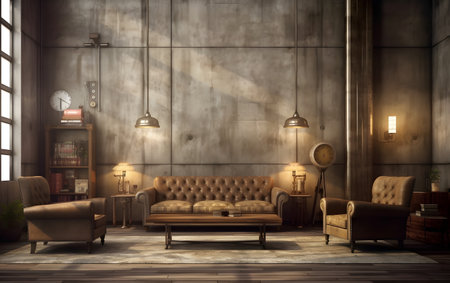 Interior of a living room with a leather sofa and armchairsの素材