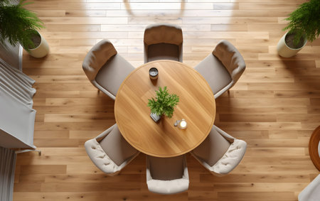 Top view of modern dining room with wooden floor, round wooden table and chairs. 3d renderingの素材