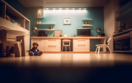 Little boy sitting on the floor in the children's room with toysの素材