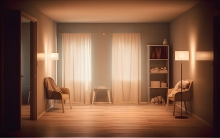 Interior of living room with furniture and lighting. 3D renderingの素材
