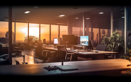 Double exposure of modern office interior with window and city view. mixed-mediaの素材