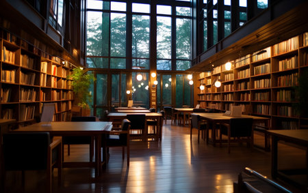 Interior of a modern library with bookshelves in the eveningの素材
