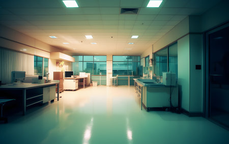 Interior of a modern hospital corridor, toned image with copy spaceの素材