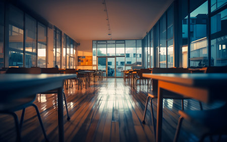 Interior of a modern cafe with tables and chairs. Toned.の素材