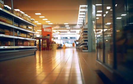 Supermarket interior with shelves and rows of products. Blurred background.の素材