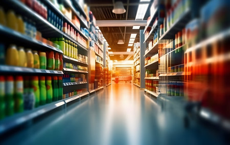 Supermarket interior with rows of shelves and rows of shelves with different productsの素材