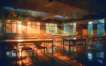 Interior of an empty school class room at night. Toned.の素材