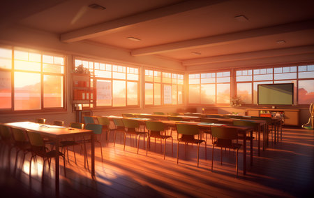 Interior of a modern classroom. 3d render. Sunset.の素材