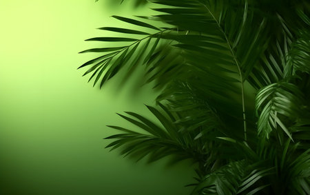 Green palm leaves on a green background with copy space. Tropical background.の素材