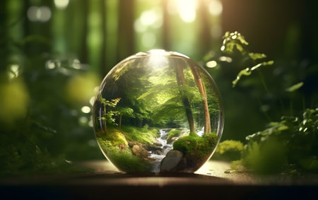 Glass globe with forest and river inside. Environmental conservation concept. 3D Renderingの素材