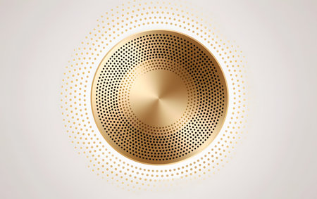 Gold metal speaker isolated on white background. 3d render illustration.の素材