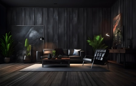 Interior of modern living room with dark wooden walls, wooden floor, black sofa and armchair. 3d renderingの素材