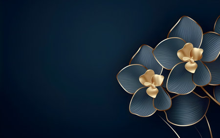 Dark blue background with golden orchid flowers. Vector illustration for your design.の素材