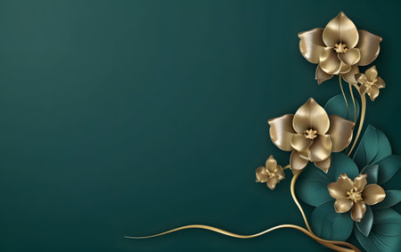 3d render, green background with gold orchids and copy spaceの素材