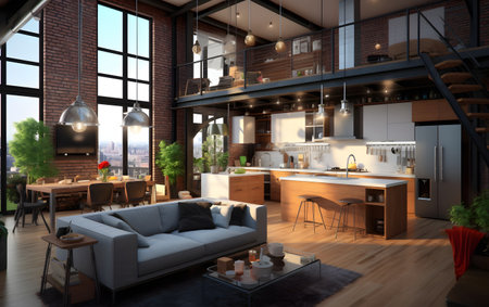 3d rendering of modern kitchen interior design in loft with wooden floorの素材