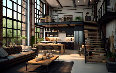 Interior of modern living room in loft style. 3d renderingの素材