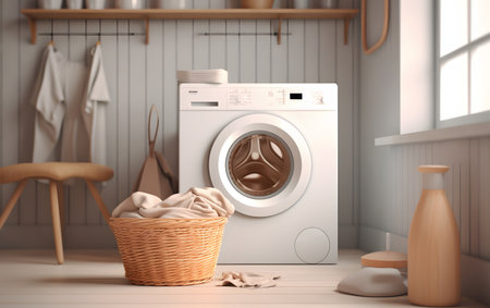 Laundry room with washing machine and basket with towels. 3d renderingの素材