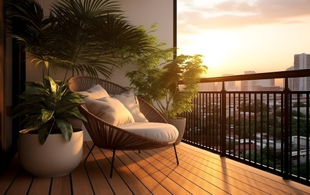 Balcony with a view of the sunset. 3d renderingの素材