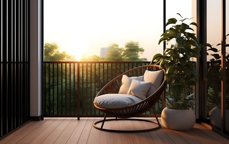 Comfortable pillow on wicker chair on balcony at sunset. 3d renderingの素材