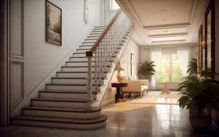Interior of modern living room with stairs. 3d render.の素材