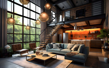 3d rendering of a modern living room interior design in a loft styleの素材