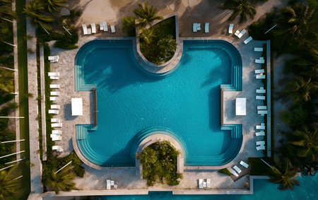 Aerial view of swimming pool at luxury hotel. Top view.の素材