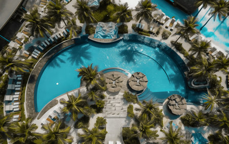 Aerial view of swimming pool in luxury hotel with palm trees.の素材