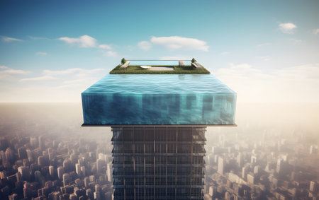 3d render of a boat floating in the sea against cityscapeの素材